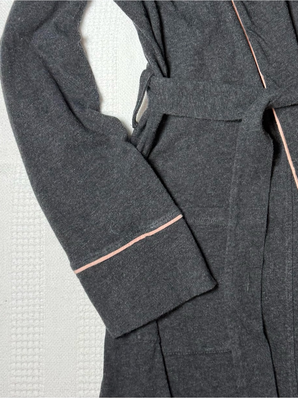 Pact Organic Cotton Knit Robe Charcoal Grey Pink Piping Belted Lounge S - Picture 4 of 6